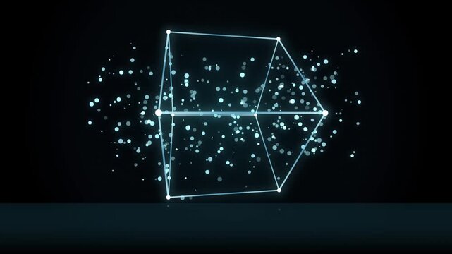 An illuminated digital wireframe cube surrounded by floating particles against a dark black background