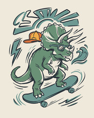 Cool triceratops dinosaur skateboarding vector illustration. Retro 90s street art design. Skater dino character with sunglasses and cap graphic. © DandiPdn