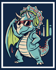 Cool triceratops dinosaur wearing sunglasses and headphones. DJ dragon character illustration. Retro music vector design. Streetwear art. © DandiPdn