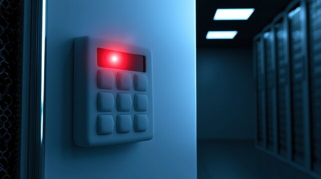Security access panel with illuminated red light on wall