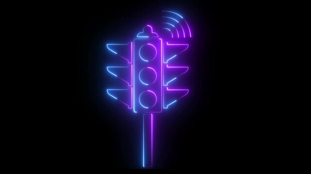 Futuristic Glowing Neon Smart Traffic Light and Wireless Connectivity Icon for Smart City Technology on black background.