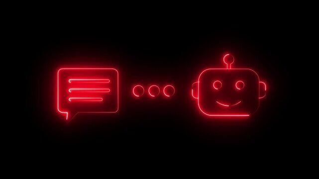 Futuristic Glowing Neon AI Chatbot and Customer Service Virtual Assistant Icon on black background.