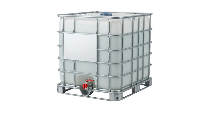 Industrial ibc tote tank for liquid storage and transport, featuring a white plastic container inside a protective metal cage frame, isolated on transparent background