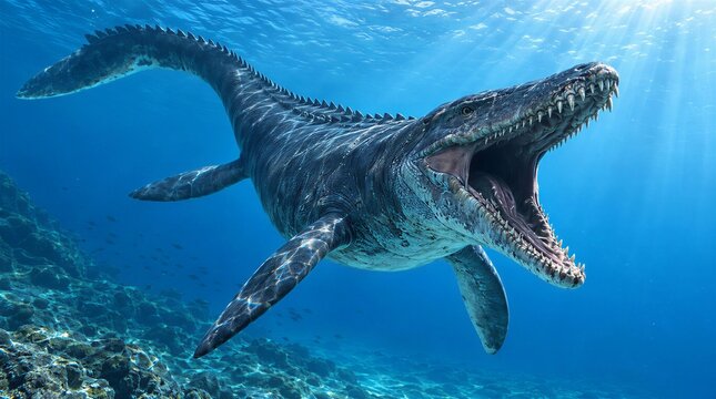 Prehistoric Sea Mosasaurus Reptile Swimming Underwater with Its Mouth Open