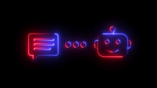Futuristic Glowing Neon AI Chatbot and Customer Service Virtual Assistant Icon on black background.