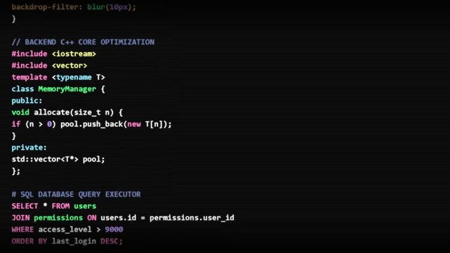 Scrolling source code on dark background featuring multiple programming languages, database queries, and web development scripts