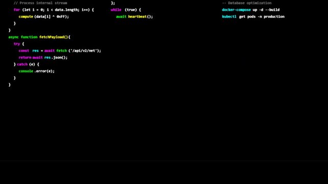 scrolling computer source code on dark monitor, software development, programming language, data engineering, backend syntax
