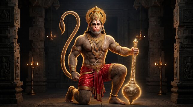 Powerful Hindu deity Lord Hanuman with golden mace in ancient temple