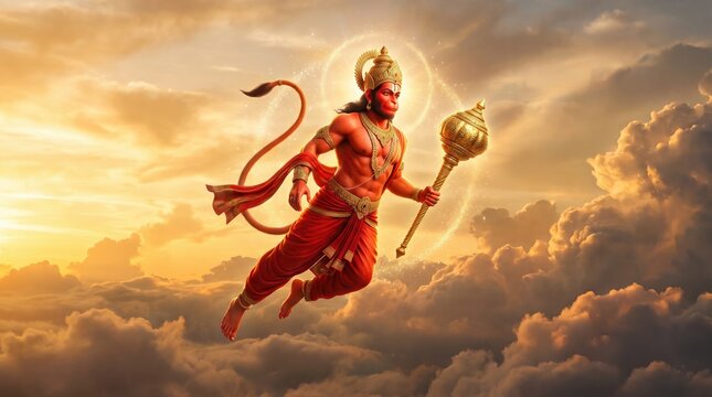 Lord Hanuman flying through golden clouds with a mace