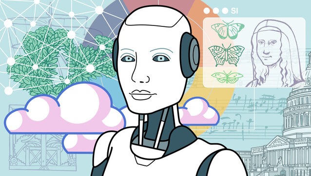 Superintelligence collage illustration with robot and scientific elements