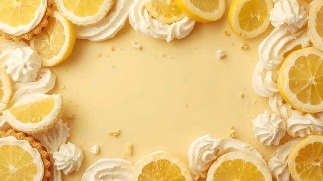 Fresh lemon slices and fluffy whipped cream sweet dessert frame background