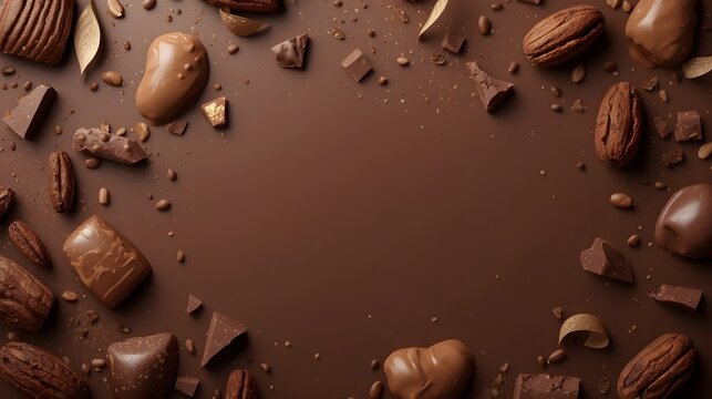 Rich chocolate chunks, cocoa beans, and sweets flat lay background   