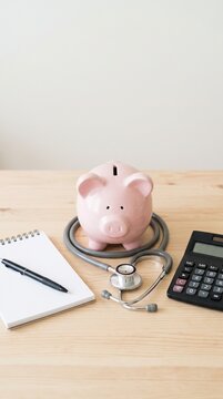 Piggy bank sits atop a wooden desk alongside a medical stethoscope, a black electronic calculator, a spiral notepad, and a black ink pen.