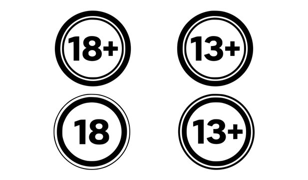 Set of age restriction limit round vector icons displaying eighteen plus and thirteen plus warning sign symbols