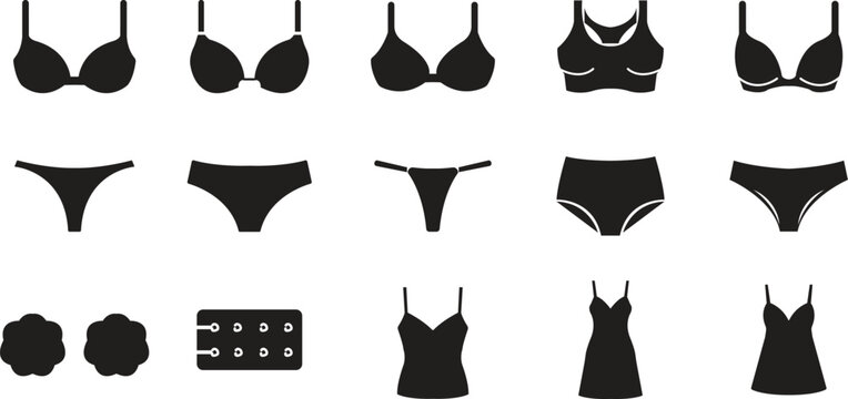 Stylish Ladies Under Garments Icons Set Featuring Bras, Panties, Lingerie, Shapewear and Intimate Apparel Symbols in Bold Fill Black Vector Style for Fashion, Isolated on Transparent Background