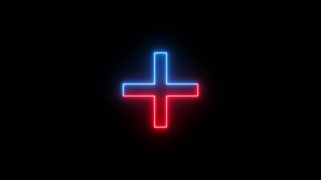 Glowing blue and red neon plus sign icon on black background, futuristic mathematical positive add symbol animation video for business science healthcare digital interface