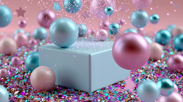 A pastel blue cube surrounded by floating pink and teal spheres, glitter confetti, and sparkling stars on a soft pink background, creating a magical, festive atmosphere.