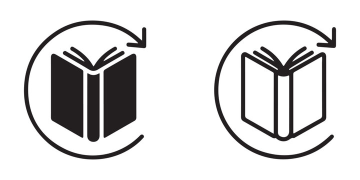 Book refresh icon set featuring circular arrow rotation styles for digital content updates and literacy apps.