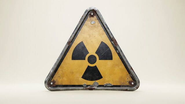 Rusty radioactive hazard symbol sign with weathered texture and metal frame on neutral studio lighting