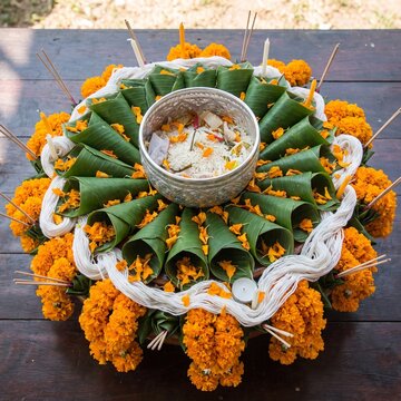 Traditional Lao Baci Ceremony Offering Tray With Marigold And Banana Leaves
