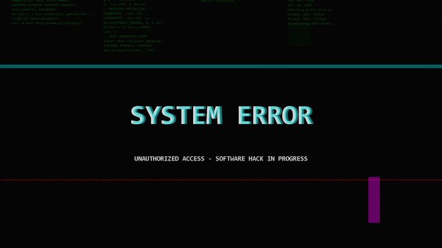 System error screen with glitching text, digital malfunction, distorted retro interface, corrupted data transmission, flickering screen effect