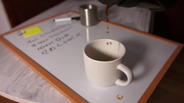 Pouring coffee at lunch break at meeting schedule on whiteboard