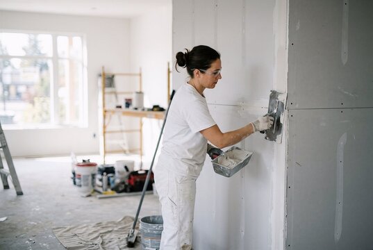 Female worker applying plaster to a drywall joint. Bright indoor daylight style for interior finishing and renovation campaigns.