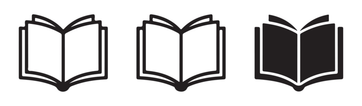 Open book outline icon set with thin and bold black strokes for library catalogs and education design projects.