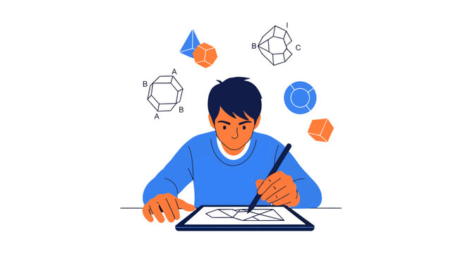 Man Designing 3D Geometric Shapes on Digital Tablet. Creative Professional or Student Working on Architectural Modeling and STEM Education. Flat Vector Illustration.