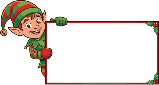 Festive Christmas elf character holding blank decorative sign with holly border for holiday promotional design