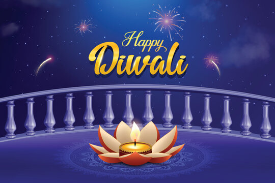 Happy Diwali Greeting Design With Flower Shaped Diya Lit On A Balcony & Sparkling Fireworks In The Night Sky, Blue Background. Indian Hindu Festival Concept For E-commerce Poster, Banner