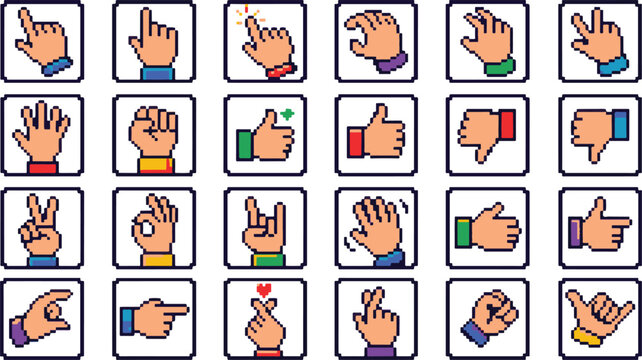 Pixel art hand gesture icon collection featuring colorful communication symbols isolated on a clean white background