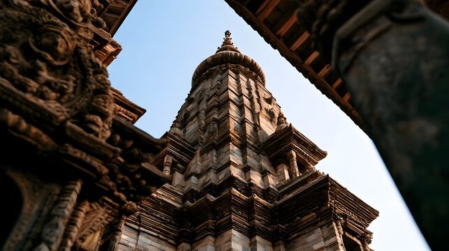 A majestic ancient stone stupa rises against a clear blue sky  framed by ornate carved architectural elements