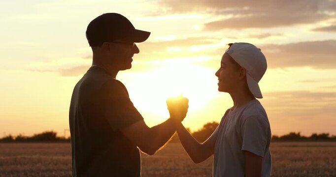 Father and son celebrate together with high five in field at sunset. Smiling faces show mutual encouragement and pride. Warm golden light highlights teamwork, trust, achievement and family connection.