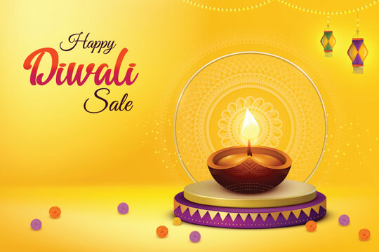 Happy Diwali With Diya & Hanging Paper Lantern Lights On Yellow Background. Indian Hindu Festival Concept For E-commerce Greetings, Poster, Banner Etc.