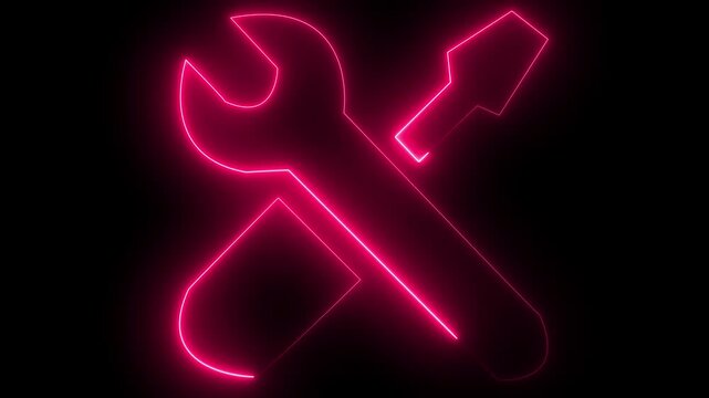 Pink  neon glowing wrench and screwdriver tools icon animation on black background representing service repair maintenance setup optimization technical support web development