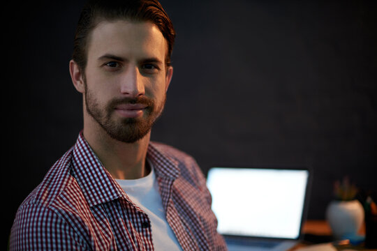 Business man, night and portrait with creative space, software development and confidence in studio. Pride, overtime and web designer, professional and frontend developer on black background in UK