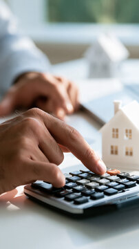 Hand of a european businessman using a calculator beside a small white condo model and a house model on a bright white desk cropped view with the face out of frame calculating