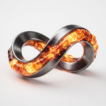 Infinity symbol crafted from brushed steel with internal flowing golden magma on white bed.
