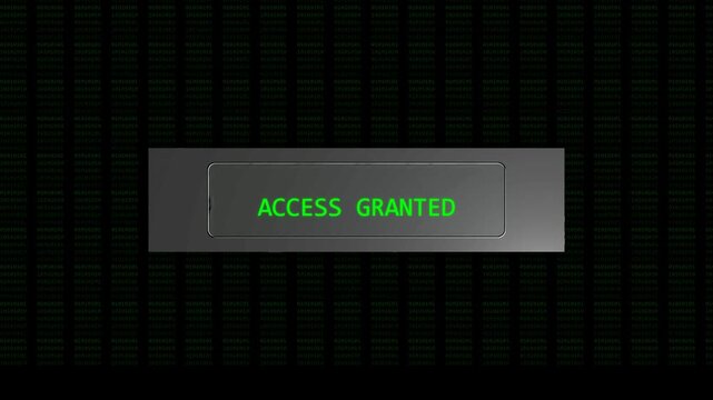 Access granted button with digital green binary code matrix overlay, cybersecurity authentication, login verification, system security notification