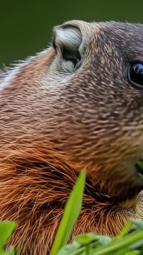A close-up shot of a groundhog munching on fresh grass