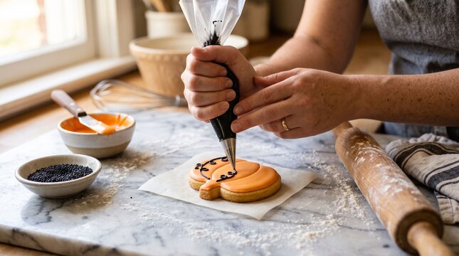 Woman decorating pumpkin cookie with black icing piping
