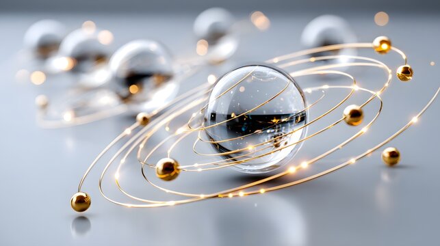 Crystal Glass Sphere Atom Model with Golden Orbital Rings and Glowing Electrons on Reflective Surface