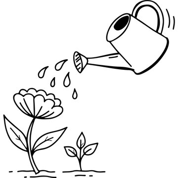 Watering flower with a green watering can