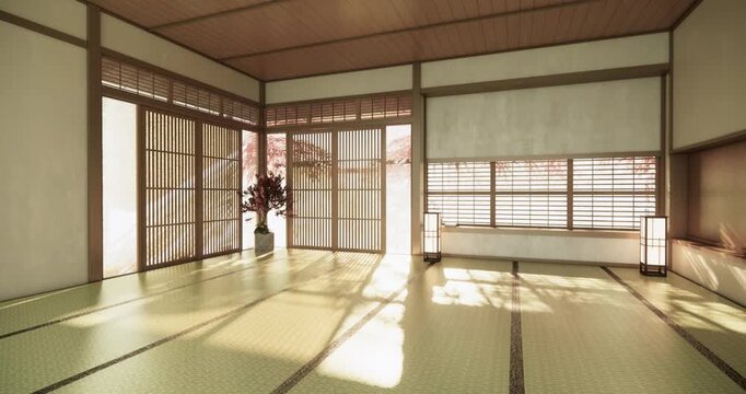 Autumn, Japanese style window and Japanese room with tatami mats on the floor and cabinet decor.3D rendering