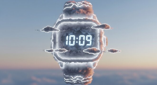 Digital clock interface shaped like a smartwatch made of glowing clouds and sky in the background