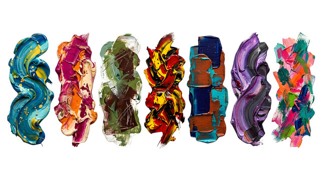 Abstract colorful textured shapes arranged in a row on black background