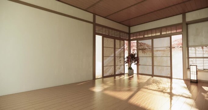 Autumn concept on Japanese room with white wall with maple wood wall design Evokes a sense of warmth, fall background. 3d rendering