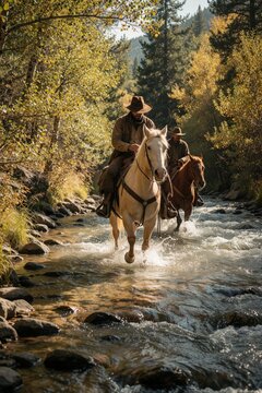 Cowboy rides white horse through shallow river stream in Colorado mountains. Man leads pack mule on autumn trail near golden aspen trees. Western outfitters travel backcountry forest during fall