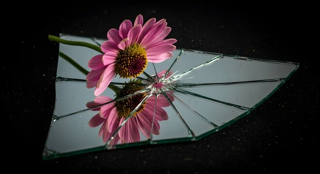 A vibrant pink flower lies on a sharp piece of broken mirror reflecting its fragile beauty.